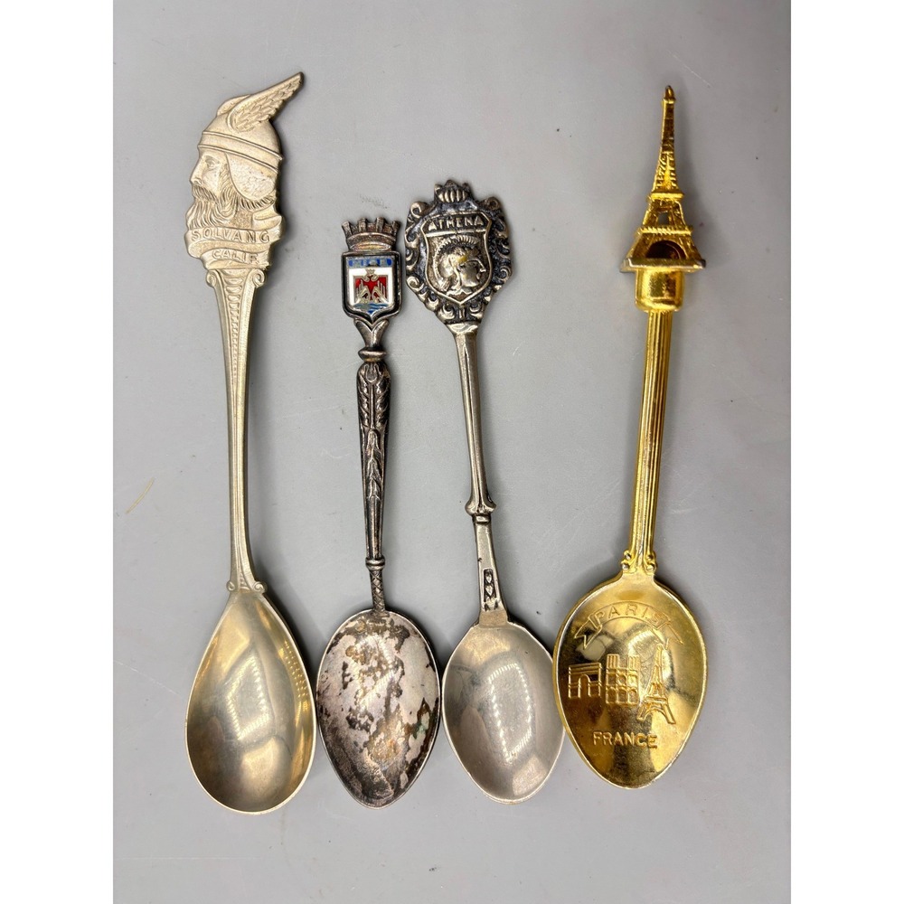 Vintage Souvenir Spoon Lot 4pc Paris Athena Solvang Nice France Travel Collector